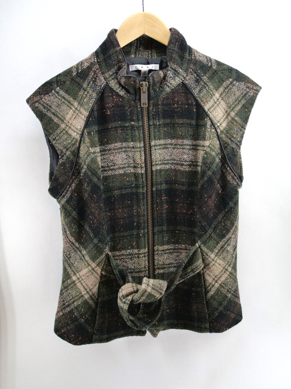 Cabi Wool blend‎ Plaid Vest M Zip Front Tie Sleeveless Blazer Jacket